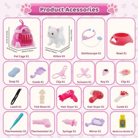 Forroby Spielzeug Haustier für Kinder, Katzenspielzeug Interaktives Schwanzwedelt, Plüschtier Katze mit Leine der läuft und bellt, Plüschkätzchen mit Katzenzubehör und Käfig, ab 3 Jahren