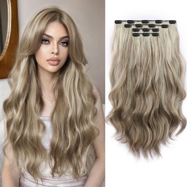 XIXISNOW Long Hair Clip in Extensions 4PCS Seamless Clips ins for Women Non-Weft Wavy Easy Hairpieces Charming Wave Synthetic Fiber 22 Inch Full Head Breathable Medium Brown mix Ash Blonde