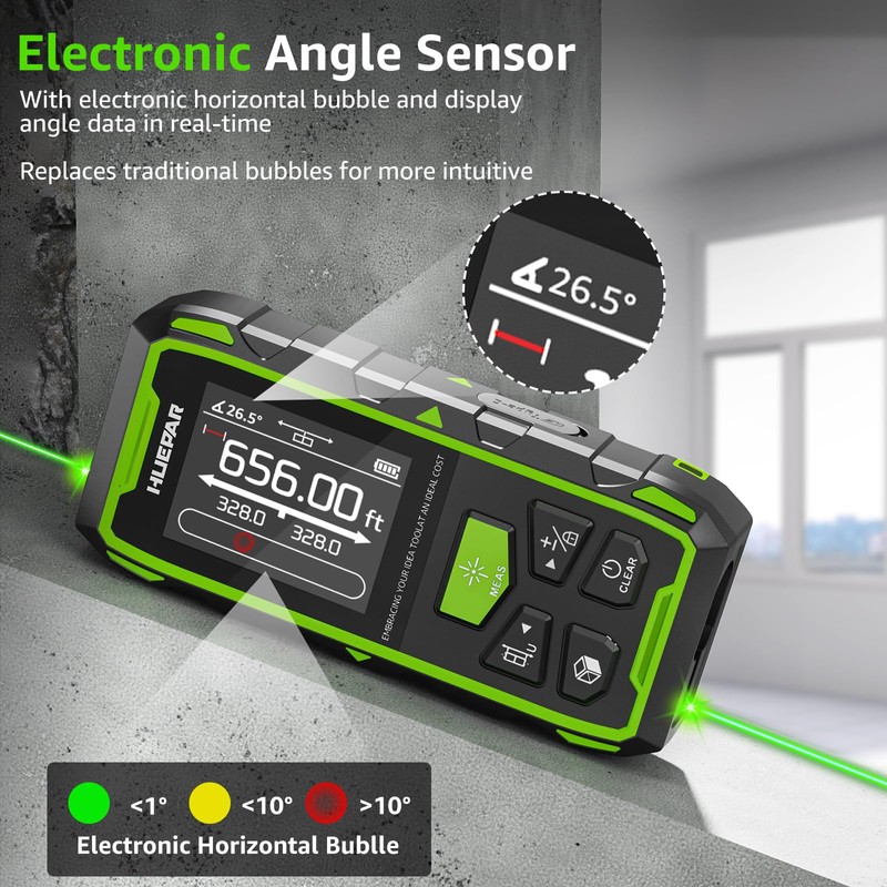 Huepar Dual Laser Measuring Tool, 656Ft Green-Beam Bilateral Digital Laser