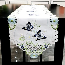 LeLehome 14" X 69" Embroidery Blue Butterfly Summer Table Runner Dresser Scarf for Party Home Restaurant Kitchen Dining Spring Decoration