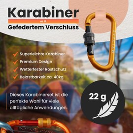 MyIdeaz Carabiner with spring-loaded gate, D shape carabiner set, 80 mm large snap hook made of high-quality premium aluminium for camping, hiking, 8cm