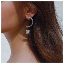 Yheakne Boho Star Drop Earrings Silver CZ Half Moon Stud Earrings Rhinestone Charm Festival Earrings Heavenly Jewellery for Women and Teen Girls (Silver)