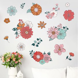 Yovkky Boho Vintage Groovy Flower Wall Decals Stickers, Bohemian Retro Floral Daisy Hippie Home Bedroom Decor, Hippy Wildflower Butterfly Living Room Kitchen Decorations Art