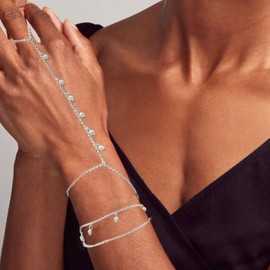 ABPBA 2 Pcs Hand Chain Bracelet Ring Bracelet Hand Chain 925 Layered Silver Plated Hand Chain Dainty Pearl Ring Bracelet Trendy Summer Stuff