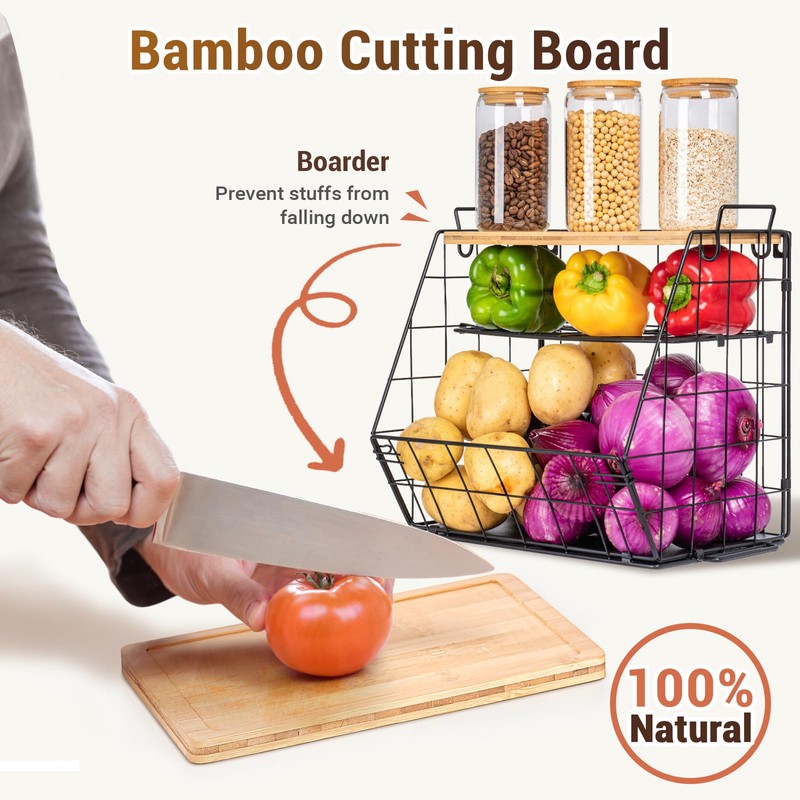 2 Set Fruit Basket for Kitchen with Bamboo Cutting Board,