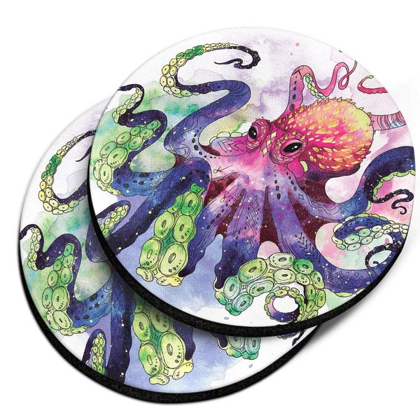 CARIBOU Coasters , Colorful Octopus Design Absorbent ROUND Fabric Felt Neoprene Car Coasters for Drinks, 2pcs Set
