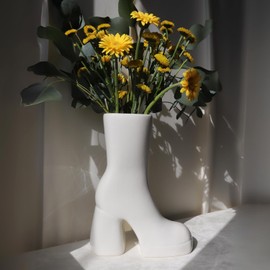 White Boot Vase, Maximalist Decor Ceramic Flower Vase, Modern White Home Decor for Office, Bedroom & Living Room, Aesthetic Room Decor for Desk, Shelf, Table, Bar & Vanity