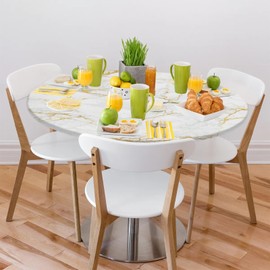 Marble Gold Texture Round Tablecloths with Elastic Edge Fitted Round Table Cloth Small Wipeable Washable Circle Table Covers for Dinner Patio Party Indoor Outdoor Kitchen Decor (Fit 40-44 In)