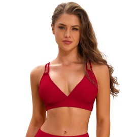 Oheyeseker Women's Bikini Top V-Neck Double Strap Pleated Backless Crossover Adjustable Push Up Beachwear Bathing Suit Top（XL，Red）