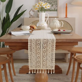 Gxfctys Table Runner, Boho Runner Cotton Linen Decorations, Farmhouse Runners with Tassels for Bohemian Wedding Bridal Shower Rustic Home Dining Decor (Mesh-White, 12x72)