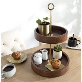 Kate and Laurel Lipton Modern Two Tier Tray, 13 x 13 x 20, Walnut Brown and Gold, Glam Decorative Tray