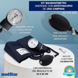 MEDSTAR | Kit Baumanometro Aneroide con Estetoscopio de una Campana FULL COLOR (Azul)
