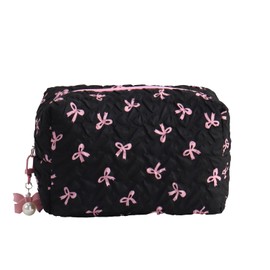 OVS4U Travel Makeup Bag, Coquette Bow Makeup Pouch, Toiletry Organizer Cosmetic Bags for Women Girl (pillow bag, Black pink)