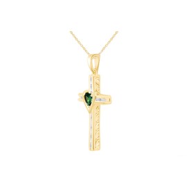 THE JEWEL ZONE Simulated Green Emerald & Natural Diamond Cross & Heart Two Tone Pendant Necklace in 14K Yellow Gold Over Sterling Silver