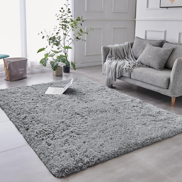 AMEHA Rugs Living Room - Grey Shaggy Area Rugs for Bedroom Anti-Slip - Modern Super Soft Fluffy Thick Pile Rug, Non-Shedding Luxury Decorative, 60x110cm
