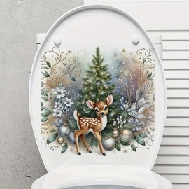 Christmas Festive Deer and Tree Toilet Cover Sticker Decals,Fish Bird Flower Leaf Waterproof Toilet Lid Tank Seat Decals Cistern Self-Adhesive Bathroom Wall Sticker