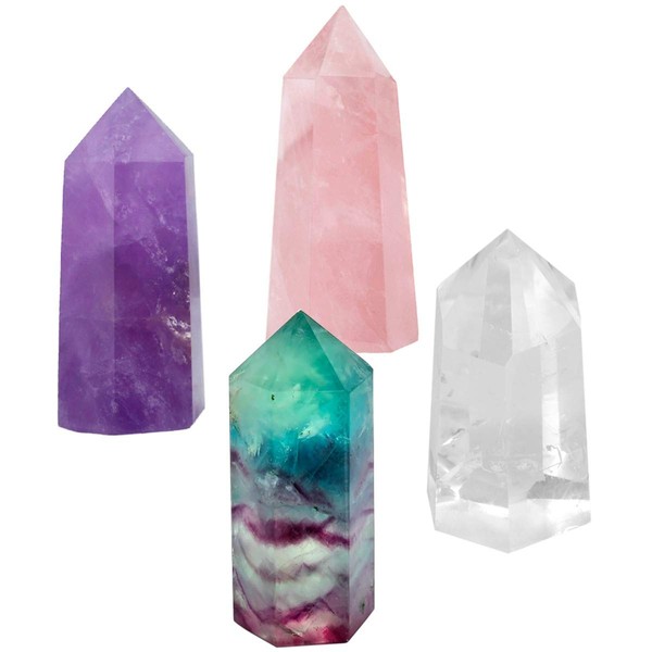 SUNYIK Gemstone Healing Crystal Points Wand, Single Point Self Standing Prism for Reiki Chakra Meditation, Amethyst Rose Quartz Rock Quartz Fluorite 2 inches, Pack of 4