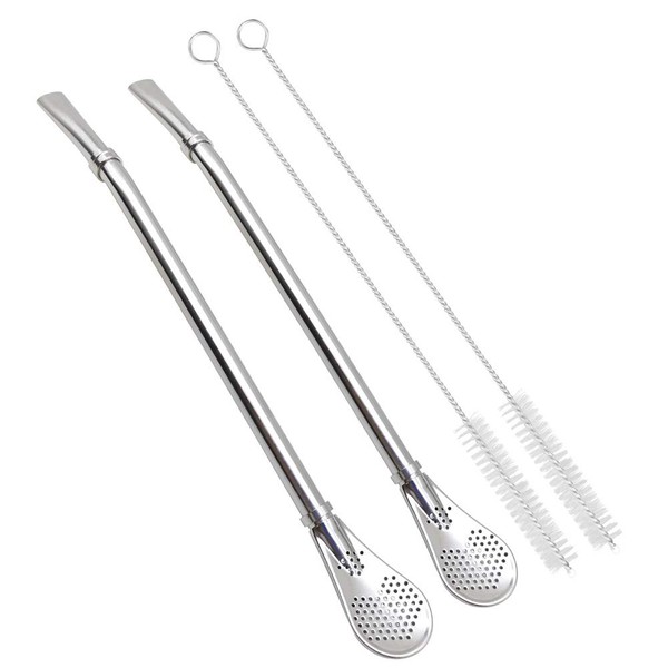 GFDesign Yerba Mate Bombilla Gourd Drinking Filter Straws Stirrer Food-Grade 18/8 Stainless Steel - Set of 2 with 2 Cleaning Brushes - 7.5 Inches Long