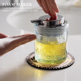 CICUFY Glass Foam Soap Dispenser for Kitchen & Bathroom - Refillable Liquid Soap Dispenser with Large Silver Pump (Leaf Pattern-Blue)