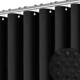 PANGSINNE 90 inch Long Waffle Textured Fabric Shower Curtains, 256GSM Heavy Duty Weighted Shower Curtain, Hotel Quality Luxury Polyester Bathroom Curtain with 12 Hooks, 72Wx90H