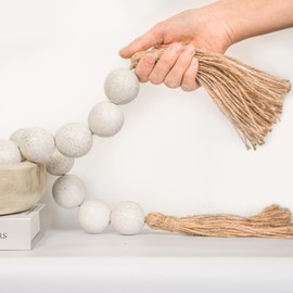 RUIRUICO Extra Large Wood Bead Garland with 1.4" Diameter Wood Beads, Wooden Beads Garland with Tassels, Decorative Beads Home Decor, Farmhouse Beads Decor (Rustic White, 41 Inches)