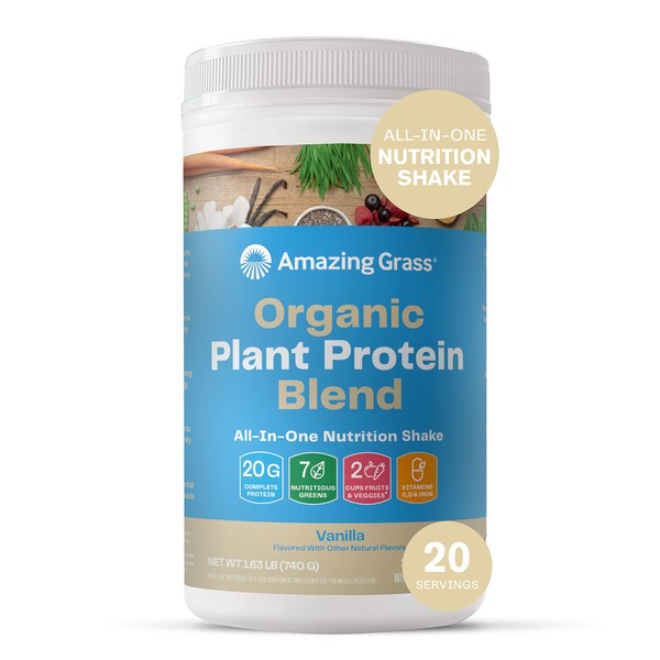 Amazing Grass Organic Plant Protein Blend: Vegan Protein Powder, New Protein Superfood Formula, All-In-One Nutrition Shake with Beet Root, Pure Vanilla, 20 Servings