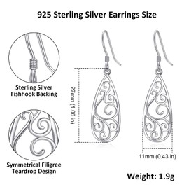 YZSFMZGE 925 Sterling Silver Post Dangle Drop Earrings for Women Filigree Teardrop Dangling Fish Hook Earrings Jewelry Gifts for Christmas Birthday