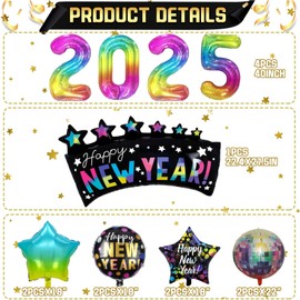 New Years Eve Party Supplies - 13 Pcs Colorful Balloons with Rainbow, Disco Balls & New Years Decorations for 2025 Celebration