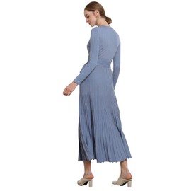 RanRui Pleated Knitted Fit and Flare Sweater Dresses Womens Round Neck Long Sleeve Knit Dresses high Waist Long Sweater Dress Soft Warm Belt Fitted Maxi Dresses Winter Dress 1302(A-Haze Blue,12-14)