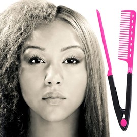 EasyGlide-V - Peine alisador y desenredante para cabello - Peine en V estilo cola de rata para seccionamiento del cabello | Planchado plano | Secado por soplado | Peine de queratina para cabello enredado | Agarre de resorte | Resistente al calor (rosa)
