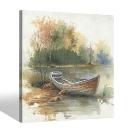 Lake Landscape Wall Art Canvas: Bedroom Living Room Abstract Tree Oil Painting Modern Nature Boat Scene Picture Contemporary Gallery Forest Print Artwork for Home Office Decor
