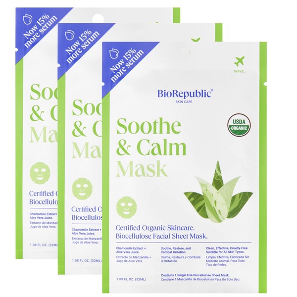 BioRepublic Soothe & Calm Organic Facial Sheet Mask | Hydrates, Brightens, & Nourishes Skin | Organic Biocellulose Masks for a Soothing Facial Experience | Pack of 3