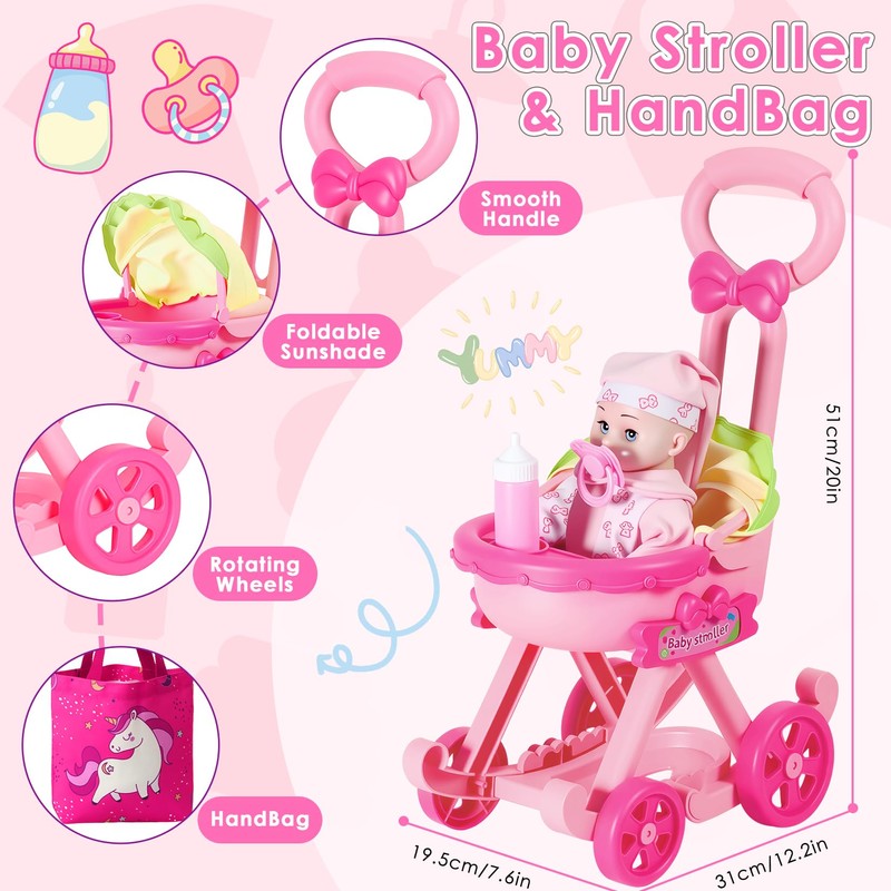 Baby Doll Stroller Toys Set,17 PCS Pretend Play for Girls