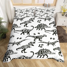 Dinosaur Print Duvet Cover Black and White Dino Alphabet Bedding Set For Kids Boys Girls Children Jungle Animal Wildlife Decor Comforter Cover Ultra Soft Decor Bedspread Cover Queen Size Zipper