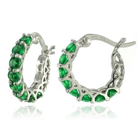 Sterling Silver Simulated Emerald Small Round Huggie Hoop Earrings