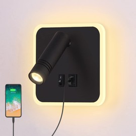 ERWEY LED Reading Lamp Wall Mounted, Bed Lamp Adjustable 3 W 4000 K + 5 W 3000 K Wall Lamp with Switch and USB Charging Port for Bed, Bedroom, Black