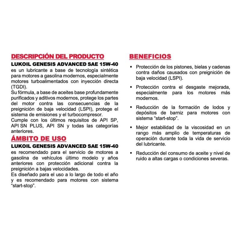 Aceite Motor Sintético Lukoil Genesis Advanced Sae 15w-40 1l