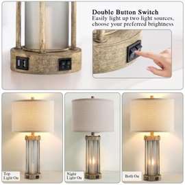 Farmhouse Table Lamps Set of 2 for Living Room, Vintage Bedroom Nightstand Lamp with Dual USB Ports, Bedside Lamp with Frosted Glass Nightlight for End Table Entryway, 4 Bulbs Included (Earthy Gray)