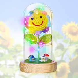 Sunflower for Daughter Girls Women, Crochet Artificial Sunflower Decor in Glass Dome with Led, Sun Flowers for Her Mom Wife Birthday Gifts for Christmas Thanksgiving Gifts(Multi-Color)