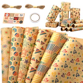 SYTHAK 6 Sheets Kraft Gift Wrapping Paper,Recyclable DIY Wrapping Paper with Flax Strings,Tape,Sticker and Rope for Kids Women Party Birthday Wedding Bridal Baby Showers Christmas Crafts Holidays