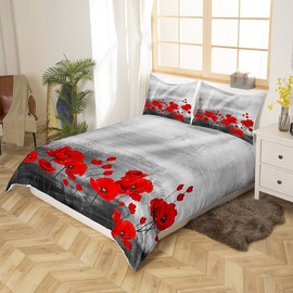 Loussiesd Red Poppies Bedding Set Watercolour Flower Art Bed Linen 135 x 200 cm for Women Adults Girls Duvet Cover Romantic Botanical Nature Duvet Cover Set Grey Red Decor Soft Microfibre