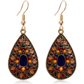 Ricarmo Bohemian Vintage Copper Sliver Teardrop Colorful Enamel Crystal Hook Earrings Ethnic Leaf Rhinestone Dangle Drop Earrings For Women Jewelry Gift (Colour 3)