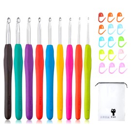 GWAWG Crochet Hooks Set for Beginners 9 Pieces Aluminium Knitting with 15 Crochet Hooks in Random Colours Ergonomic Soft Grip Rubber Handles Crochet Kits for Children