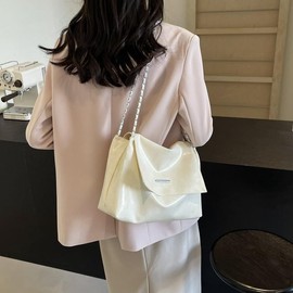 Women Fashion PU Leather Foldover Envelope Evening Handbag Purse Vintage Top Handle Chain Crossbody Bag Beige