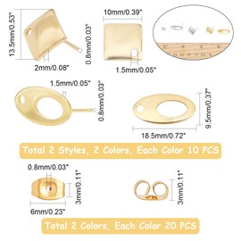 UNICRAFTALE Approx. 40 Pieces 2 Colours Stainless Steel Stud Earrings Findings Oval & Rhombus Stud Earrings with Ear Nuts Golden & Stainless Steel Colour Ring with Loop for DIY Jewellery Making