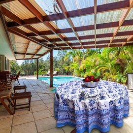 Sweet Us Magnolia Floral Cotton Block Print Tablecloth and One Gray Napkin, Floral Kitchen Dining Table Cloth, Table Cover for Indoor and Outdoors, Rose Bébé, 72-in Round