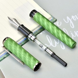 Hongdian A9 Fountain Pen Large #8 Fine Nib Ebonite Feed, Green Moire Pattern Unique Design with Converter and Metal Case Set