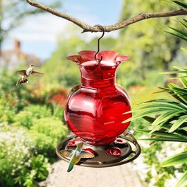 Auslar Hummingbird Feeder, Red Glass Hummingbird Feeders for Outdoors Hanging with Ant Moat, 5 Simulation Flowers Feeding Ports, 23 Ounces, Rustproof, Fade Proof, Pomegranate Shape