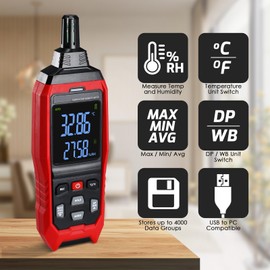 JuviPerpric Temperature Humidity Meter, Digital Thermometer Hygrometer Monitor (WB/DP) with 4000 Data Storage, USB Export and Buzzer Alarm for HVAC, Labs, Greenhouses