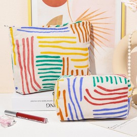 SOIDRAM 2 Pieces Stripes Makeup Bag Large Corduroy Cosmetic Bag Capacity Canvas Mix Travel Toiletry Bag Organizer Cute Makeup Brushes Aesthetic Accessories Storage Bag for Women, Stripes Mix Colorful